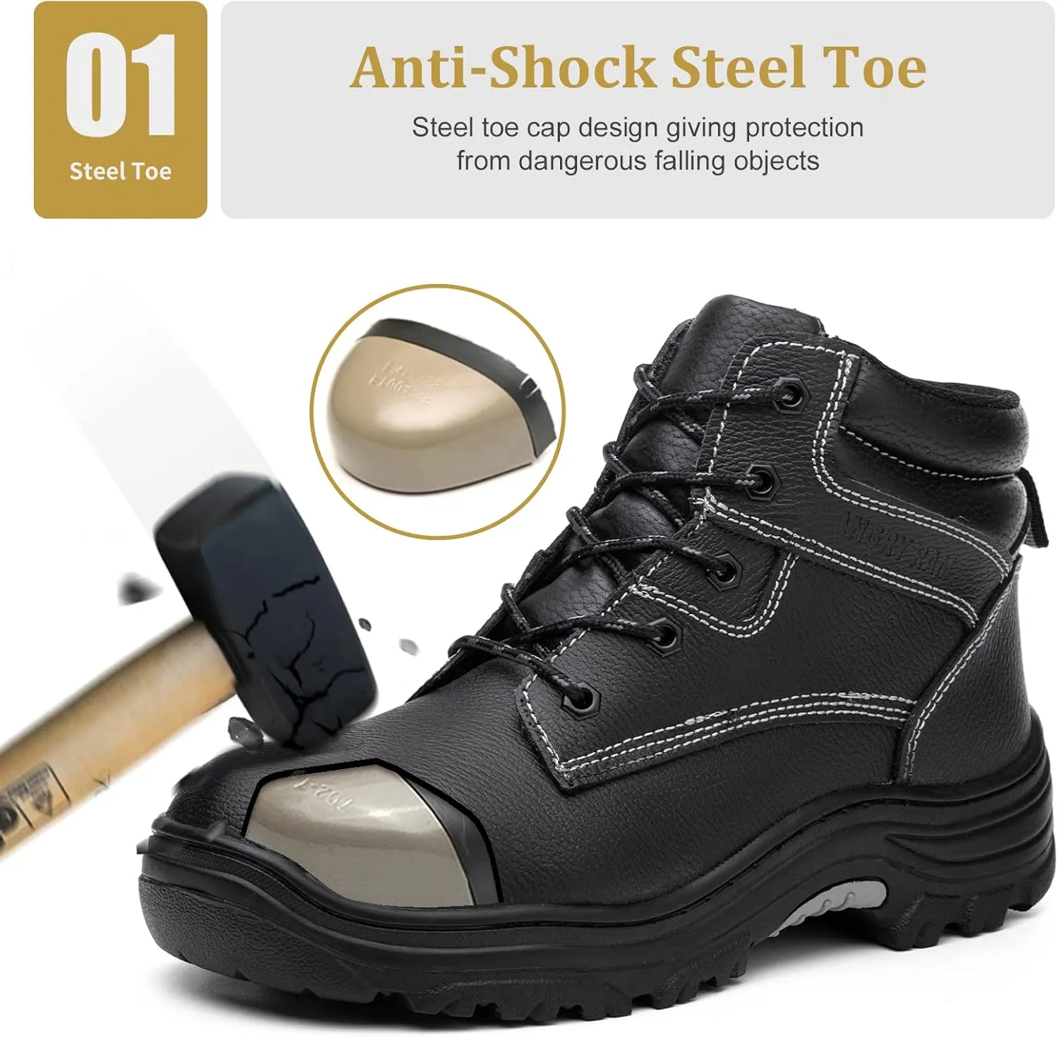 ANGRYRAM Steel Toe Boots for Men Comfortable Waterproof Construction Work Boots for Men Slip Resistant Lightweight Safety Shoes Botas de Trabajo Seguridad para Hombre