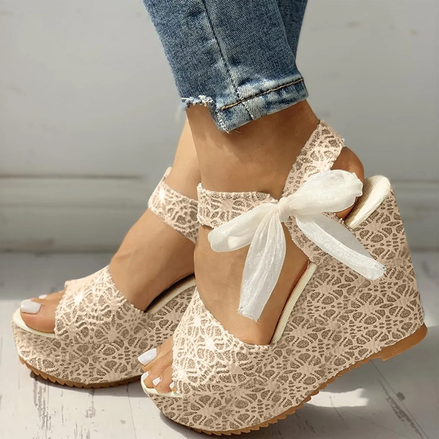Aniywn Women Espadrilles Platform Wedges Heel Lace Up Sandals Elegant Floral Classic Ankle Strap Shoes