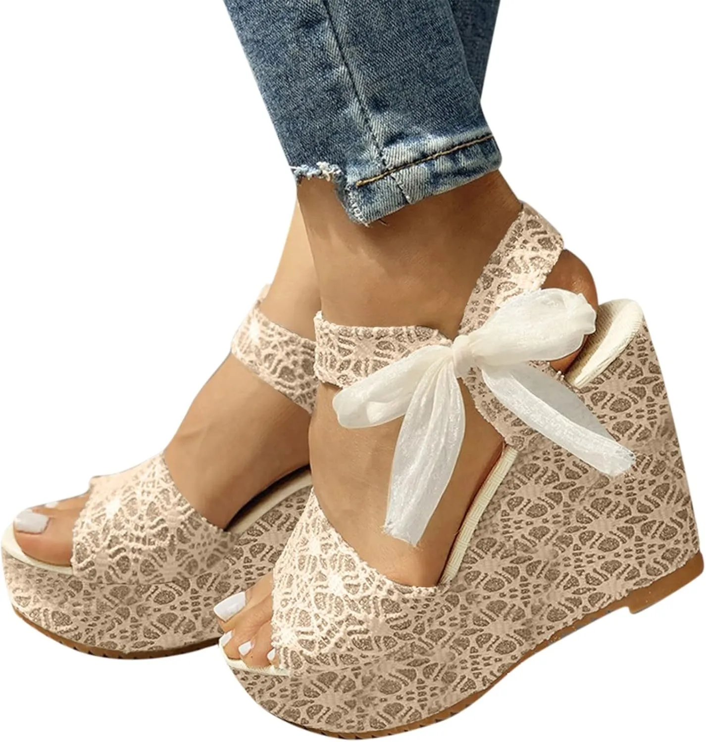 Aniywn Women Espadrilles Platform Wedges Heel Lace Up Sandals Elegant Floral Classic Ankle Strap Shoes