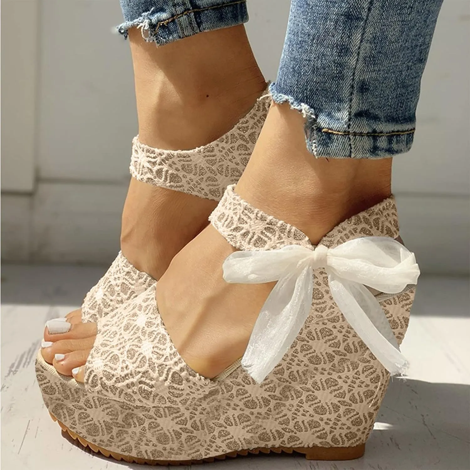 Aniywn Women Espadrilles Platform Wedges Heel Lace Up Sandals Elegant Floral Classic Ankle Strap Shoes