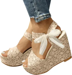 Aniywn Women Espadrilles Platform Wedges Heel Lace Up Sandals Elegant Floral Classic Ankle Strap Shoes