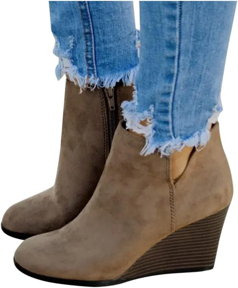 Ankle Booties for Women,Wedges Ankle Booties Retro V Cutout Comfy Short Boots Chunky Block Heels Shoes