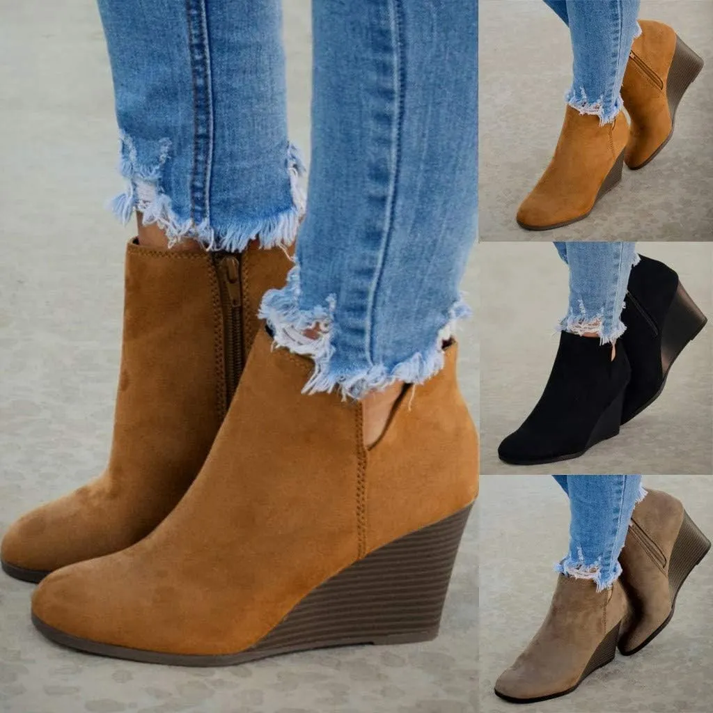 Ankle Booties for Women,Wedges Ankle Booties Retro V Cutout Comfy Short Boots Chunky Block Heels Shoes