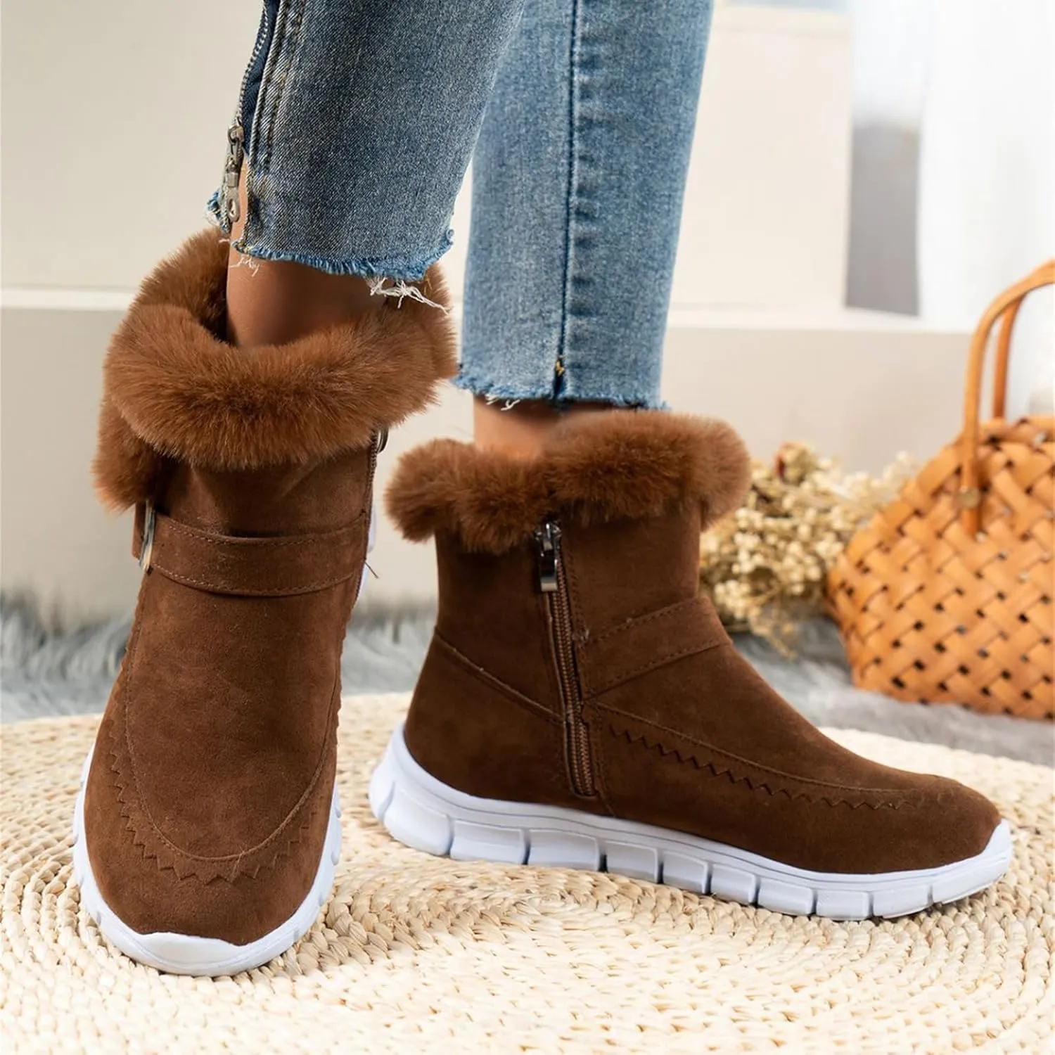 Ankle Boots For Women Comfy Snow Boots Warm Comfortable Slip On Outdoor Fur Lined Walking Winter Loafers Shoes 2024