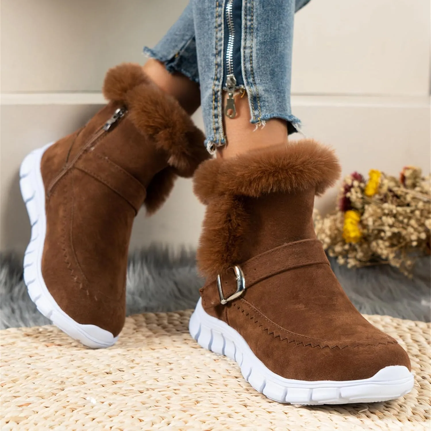 Ankle Boots For Women Comfy Snow Boots Warm Comfortable Slip On Outdoor Fur Lined Walking Winter Loafers Shoes 2024
