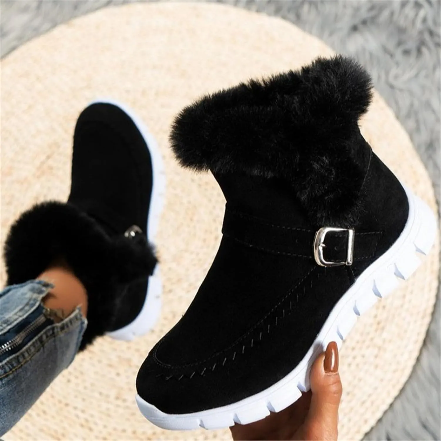 Ankle Boots For Women Comfy Winter Snow Boots Slip on Fur Lined Cold Weather Warm Comfortable Outdoor Loafers Shoes
