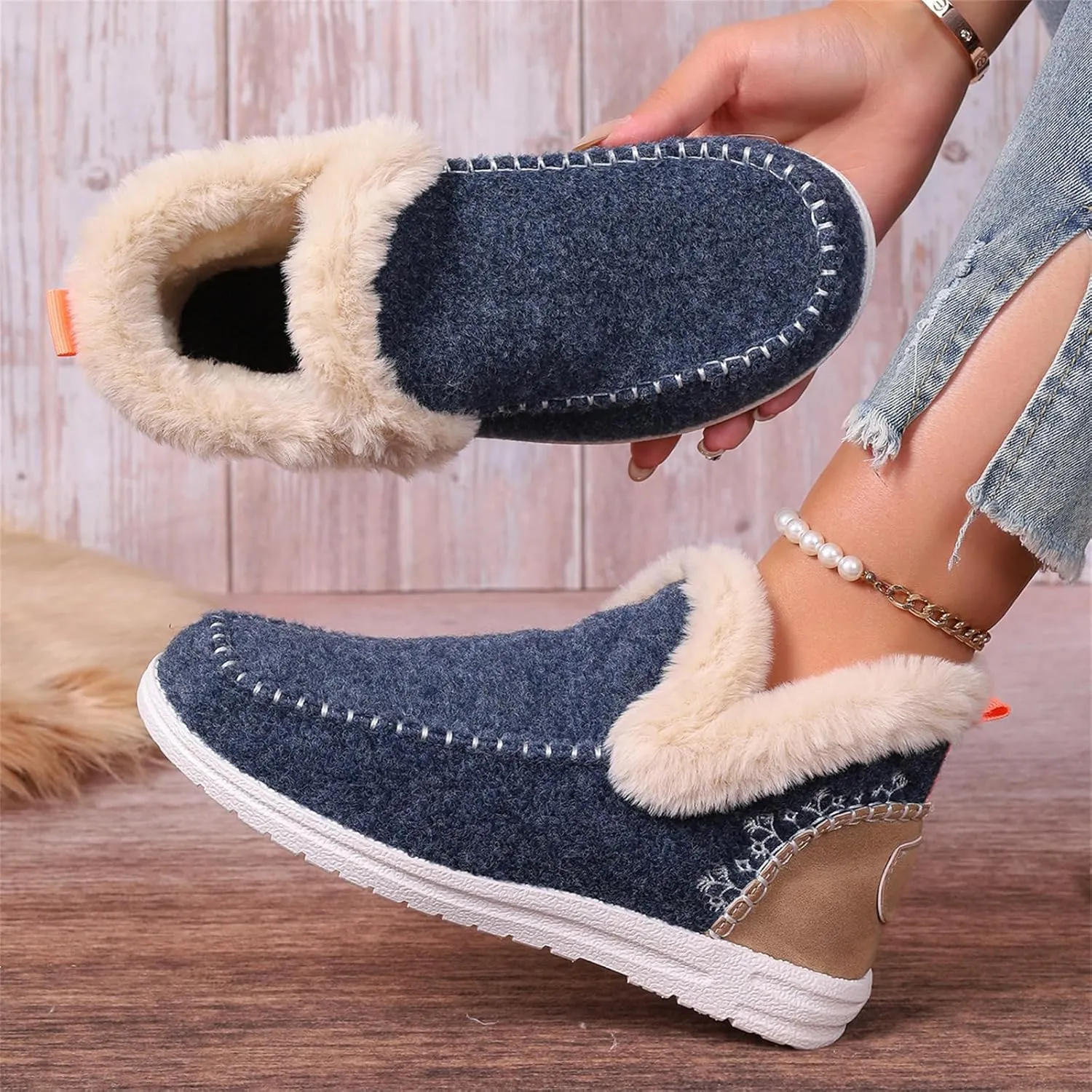 Ankle Boots For Women Comfy Winter Snow Boots Slip on Warm Comfortable Outdoor Fur Lined Thickening Loafers Shoes