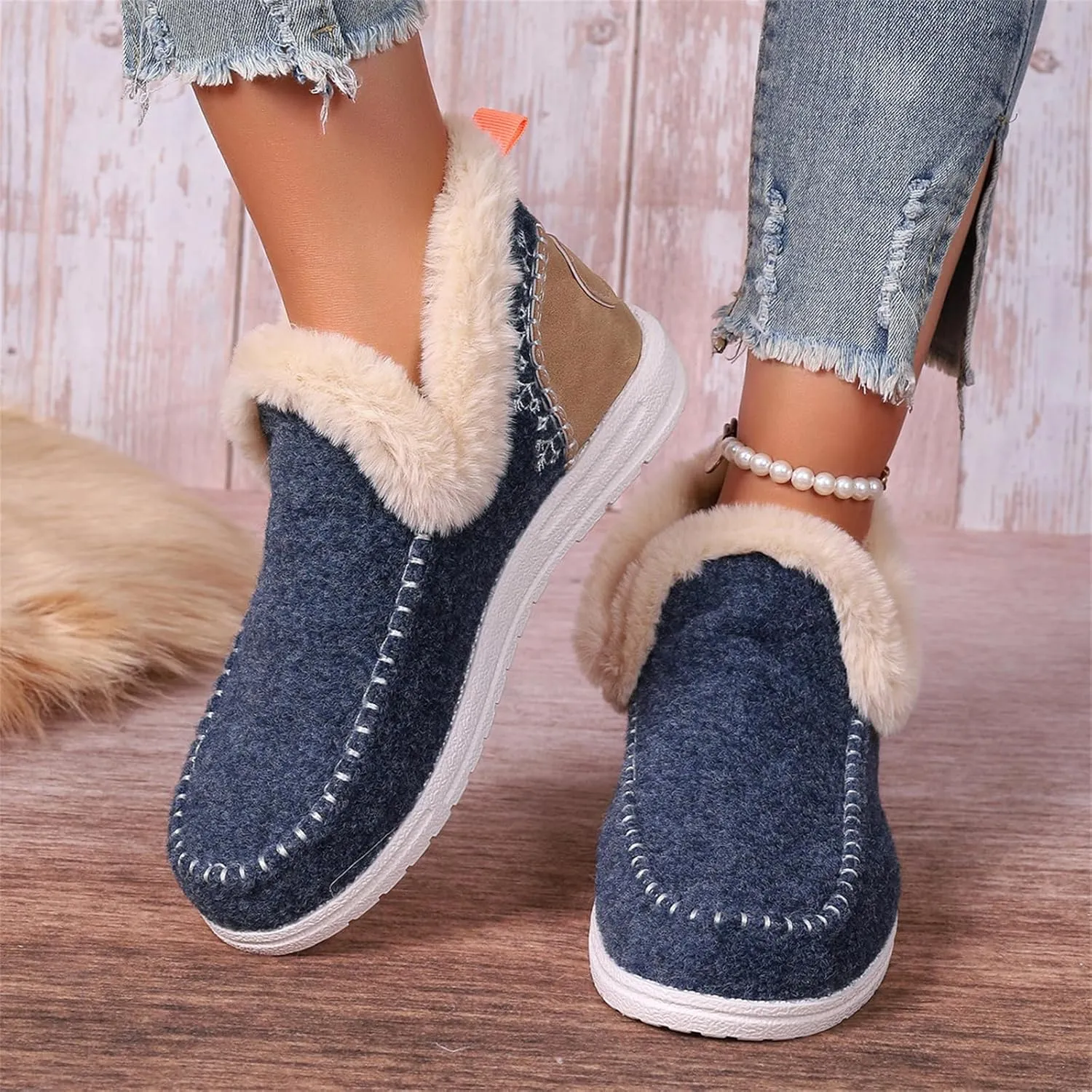 Ankle Boots For Women Comfy Winter Snow Boots Slip on Warm Comfortable Outdoor Fur Lined Thickening Loafers Shoes