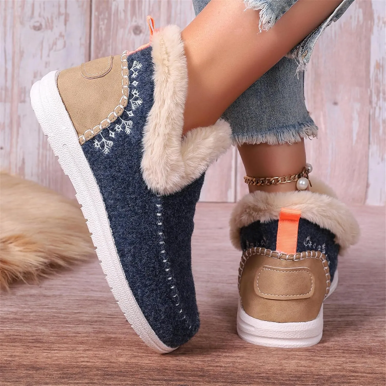 Ankle Boots For Women Comfy Winter Snow Boots Slip on Warm Comfortable Outdoor Fur Lined Thickening Loafers Shoes