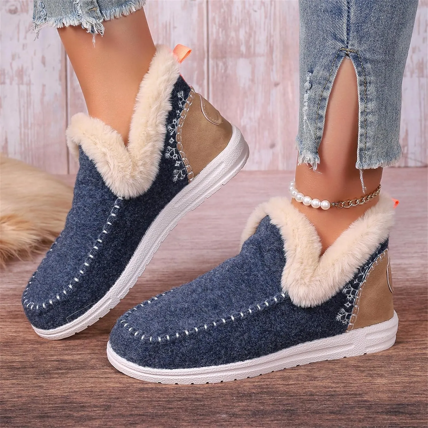 Ankle Boots For Women Comfy Winter Snow Boots Slip on Warm Comfortable Outdoor Fur Lined Thickening Loafers Shoes