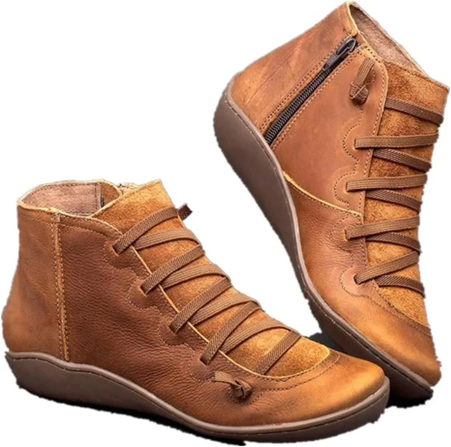 Ankle Boots for Women No Heel,2019 New Arch Support Booties Side Zip-up Vintage Leather Damping Shoes Flat Heel Booties