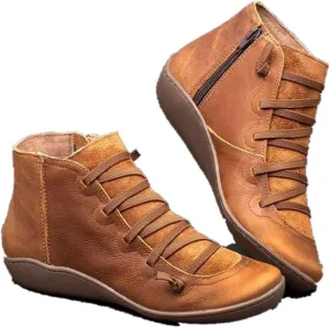 Ankle Boots for Women No Heel,2019 New Arch Support Booties Side Zip-up Vintage Leather Damping Shoes Flat Heel Booties