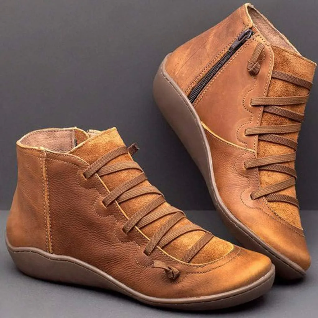Ankle Boots for Women No Heel,2019 New Arch Support Booties Side Zip-up Vintage Leather Damping Shoes Flat Heel Booties