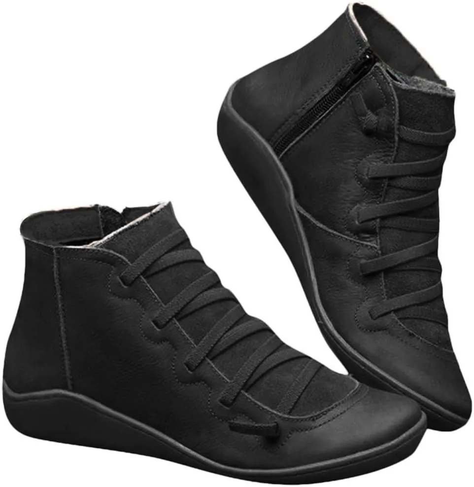 Ankle Boots for Women No Heel,2019 New Arch Support Boots Side Zipper Vintage Leather Damping Shoes Flat Heel Booties
