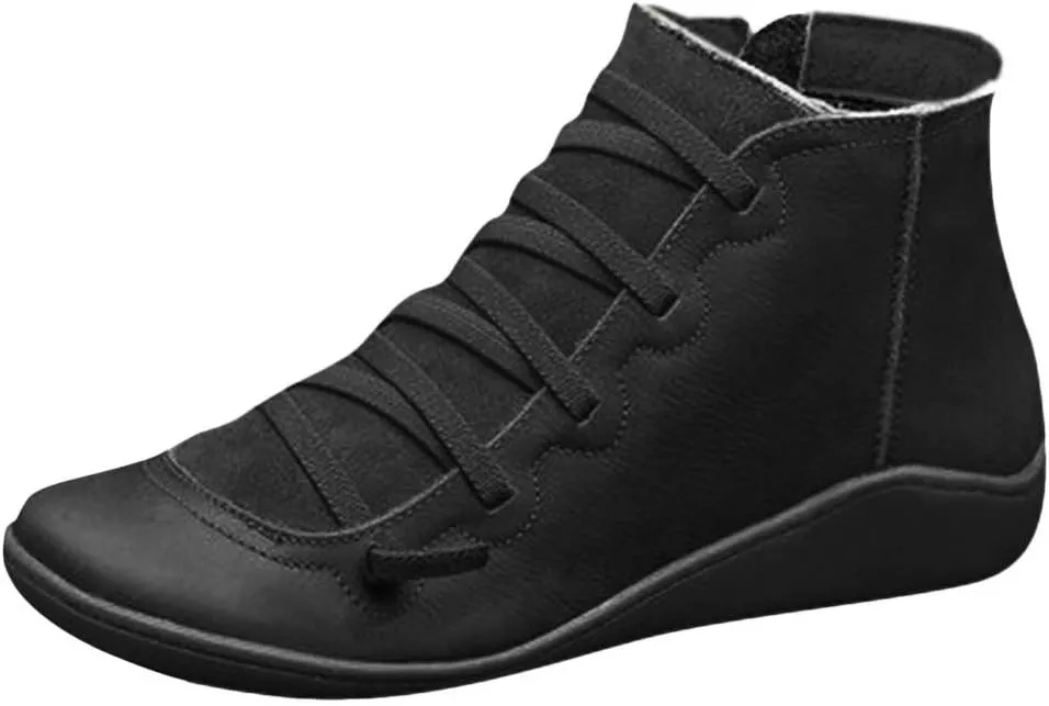 Ankle Boots for Women No Heel,2019 New Arch Support Boots Side Zipper Vintage Leather Damping Shoes Flat Heel Booties