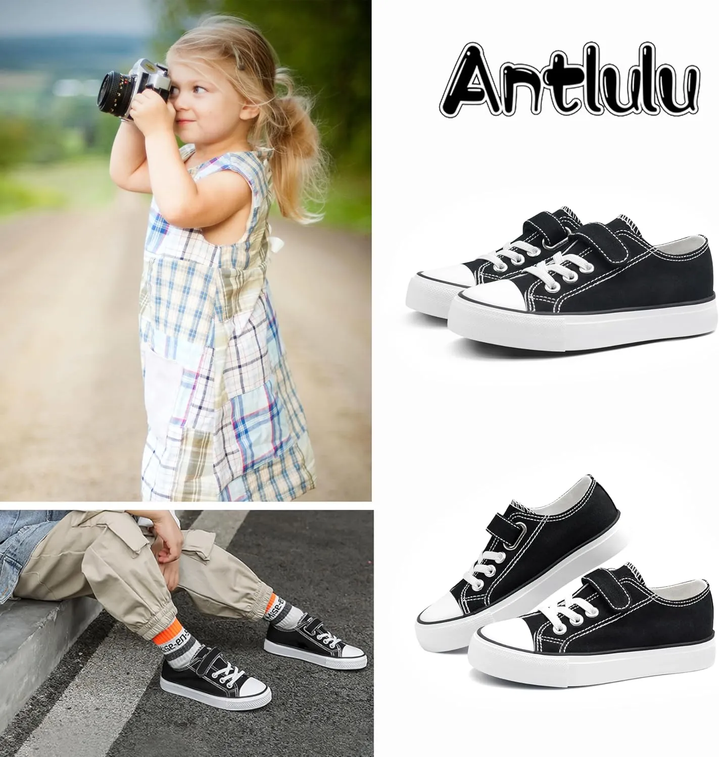 ANTLULU Boys and Girls Canvas Kid Shoes Adjustable Design Fashion Casual Sneakers