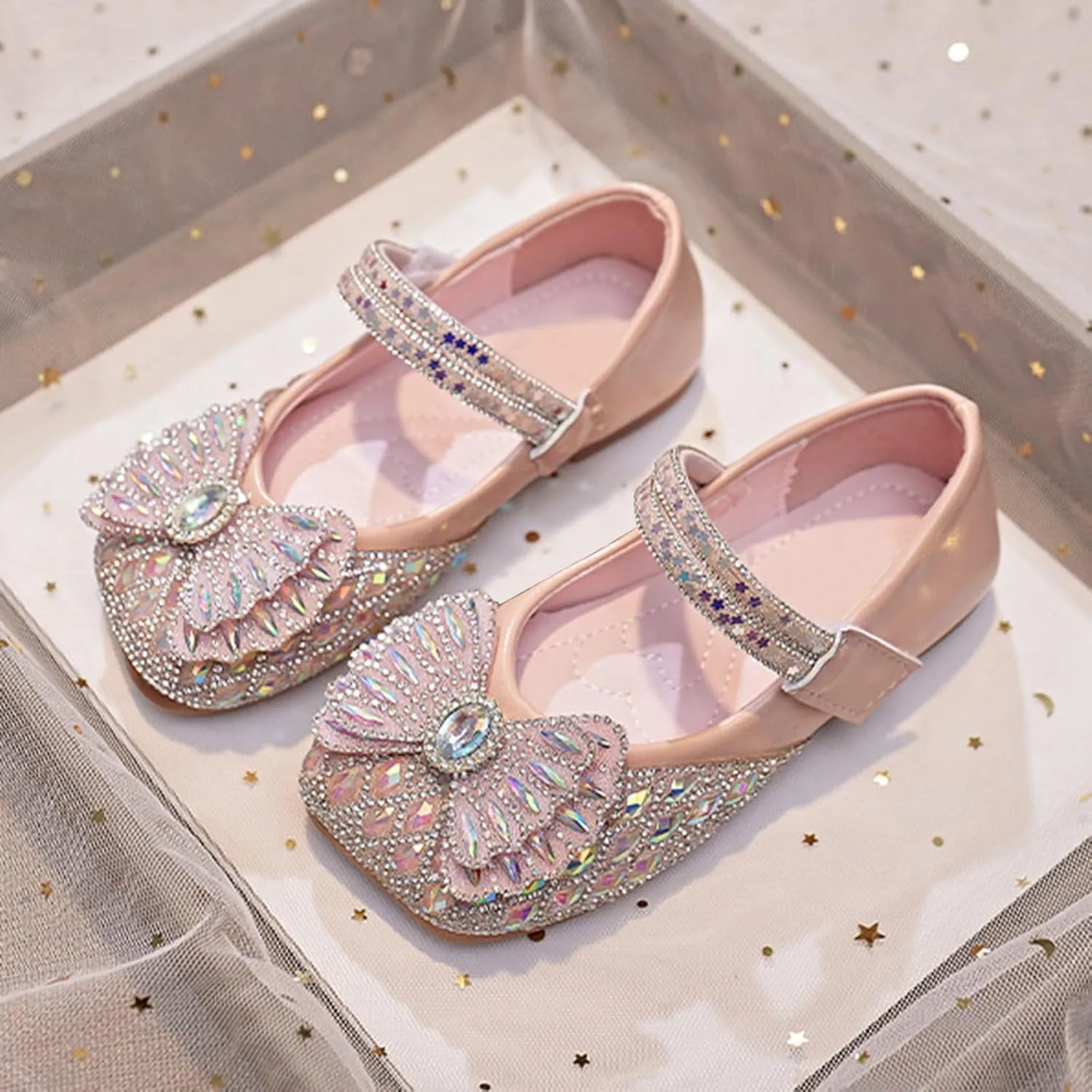 Baby Infant Girls Bow Sequins Ankle Sandals Wedding Birthday Formal Fancy Closed Toe Strap Glitter Shoes for Newborn