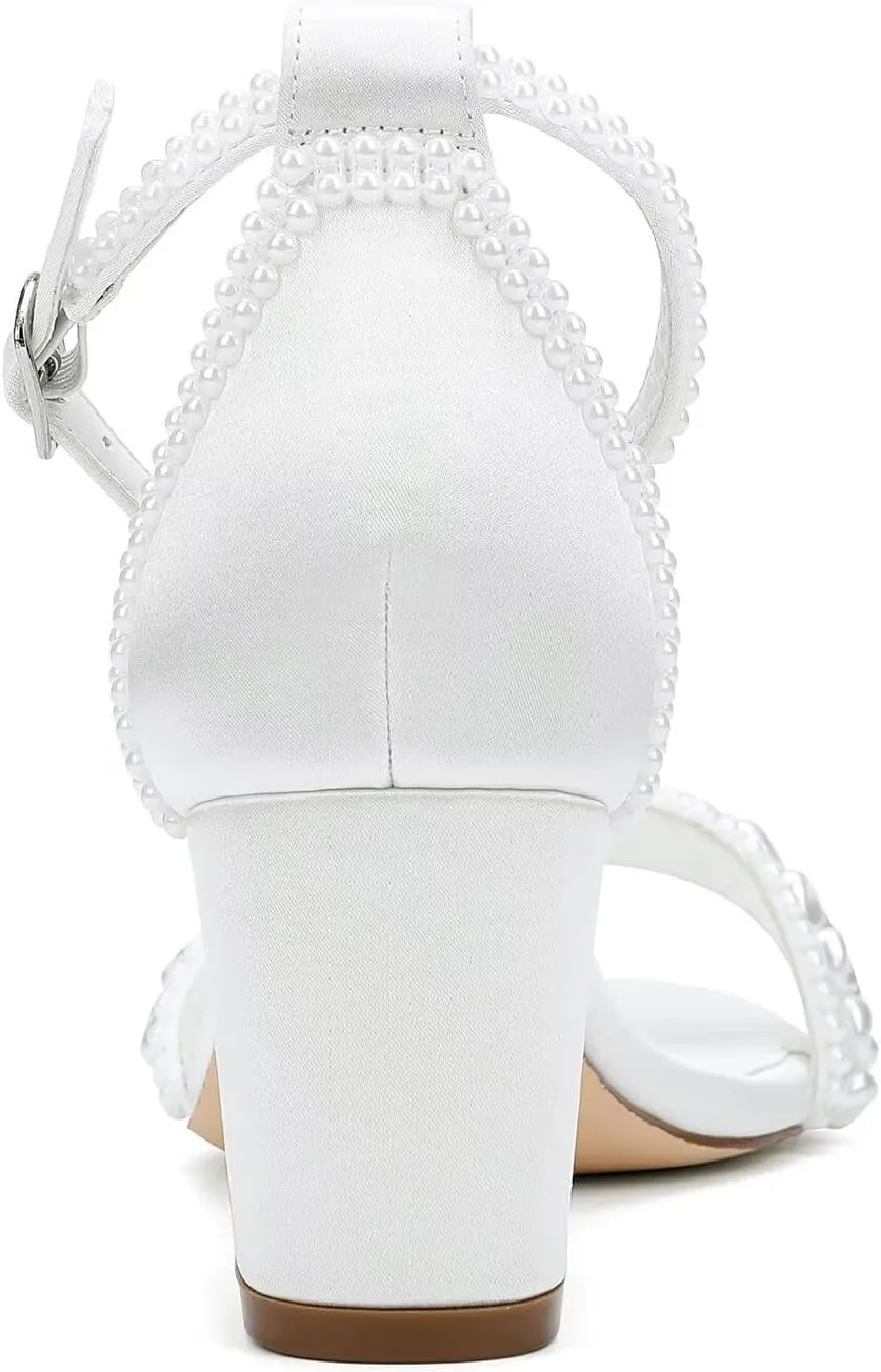 Block Heel Wedding Shoes for Bride Pearl Heels Ankle Buckle Strap Bridal Shoes