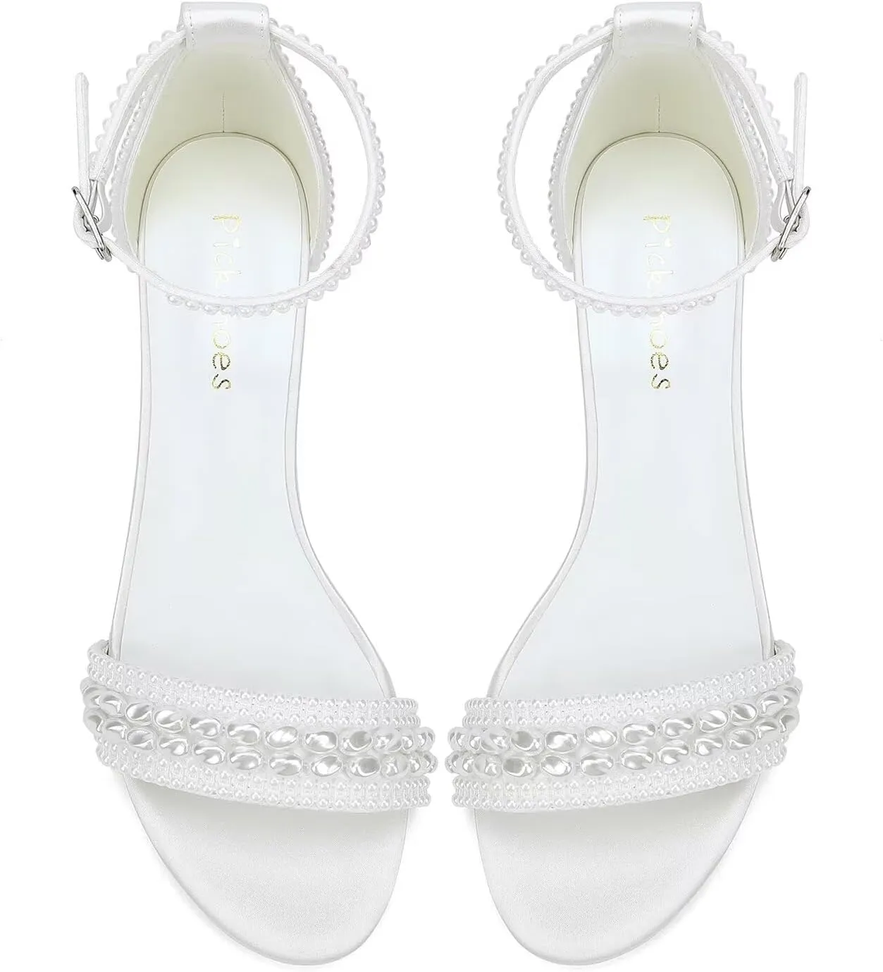 Block Heel Wedding Shoes for Bride Pearl Heels Ankle Buckle Strap Bridal Shoes