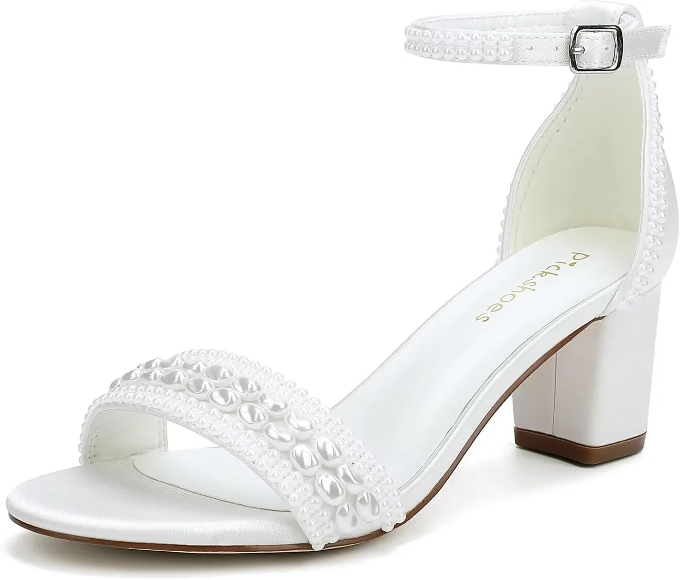 Block Heel Wedding Shoes for Bride Pearl Heels Ankle Buckle Strap Bridal Shoes