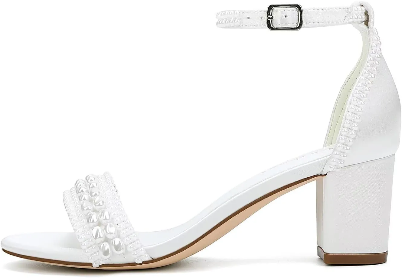 Block Heel Wedding Shoes for Bride Pearl Heels Ankle Buckle Strap Bridal Shoes