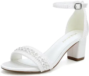 Block Heel Wedding Shoes for Bride Pearl Heels Ankle Buckle Strap Bridal Shoes