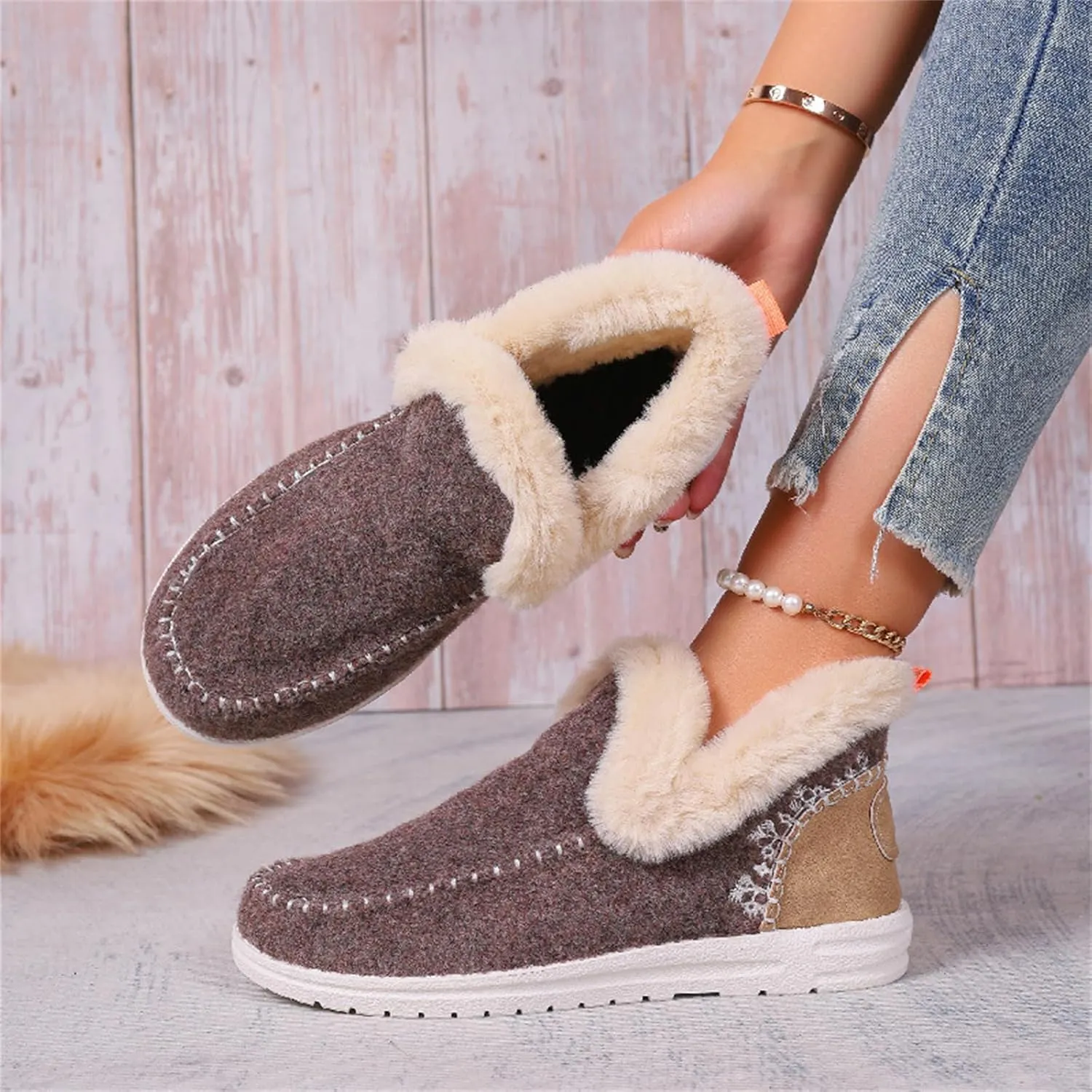 Boots For Women Ankle Booties With Fur Lined Warm Winter Snow Boots Casual Fashion Trendy Comfortable Loafers Shoes