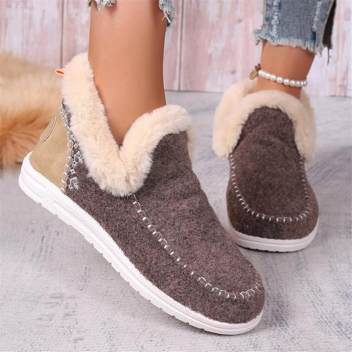 Boots For Women Ankle Booties With Fur Lined Warm Winter Snow Boots Casual Fashion Trendy Comfortable Loafers Shoes