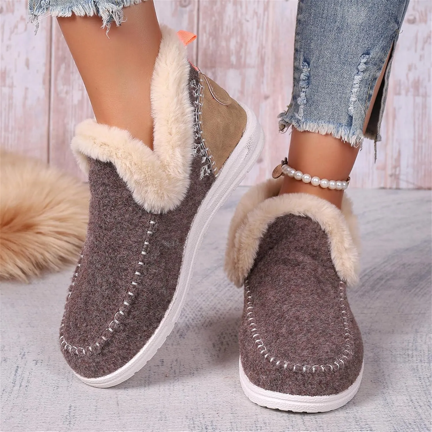 Boots For Women Ankle Booties With Fur Lined Warm Winter Snow Boots Casual Fashion Trendy Comfortable Loafers Shoes