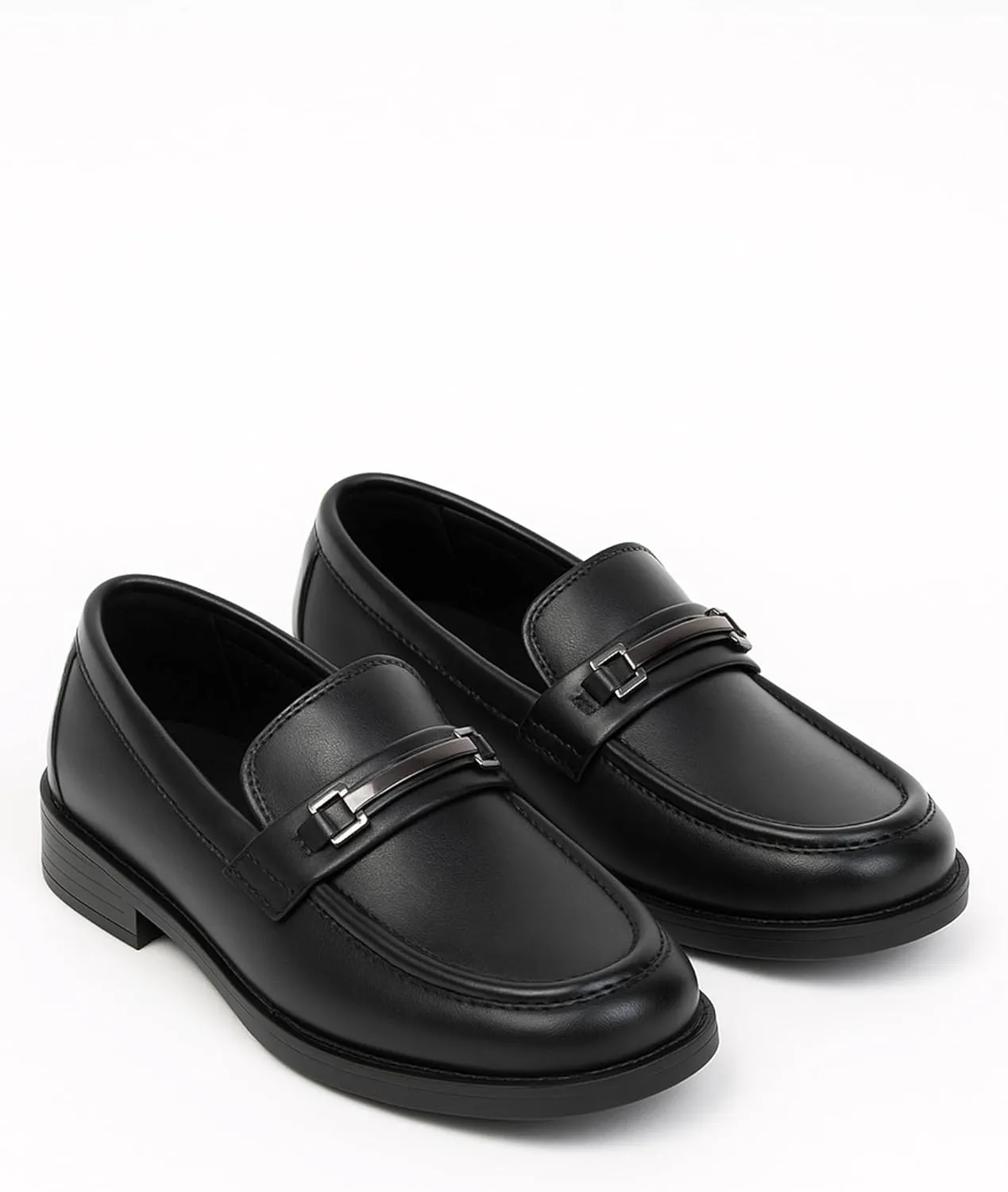 Boys’ Slip On Loafer Shoes, Black Formal Smart Casual Metal Bar Loafers