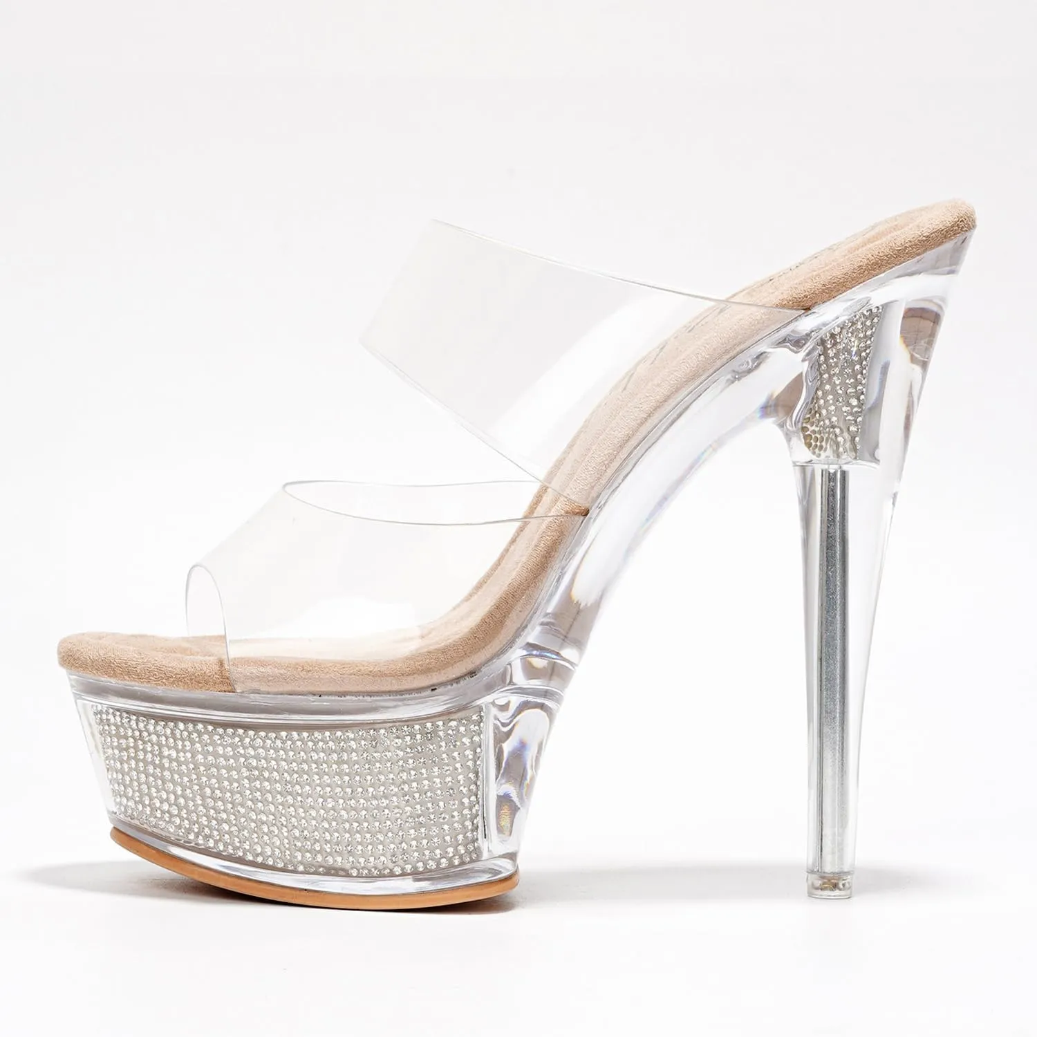 Cape Robbin Women's Clear Platform Stiletto Heels - Round Toe Slip-On Transparent Straps with Faux Rhinestone Design (Ferrara)