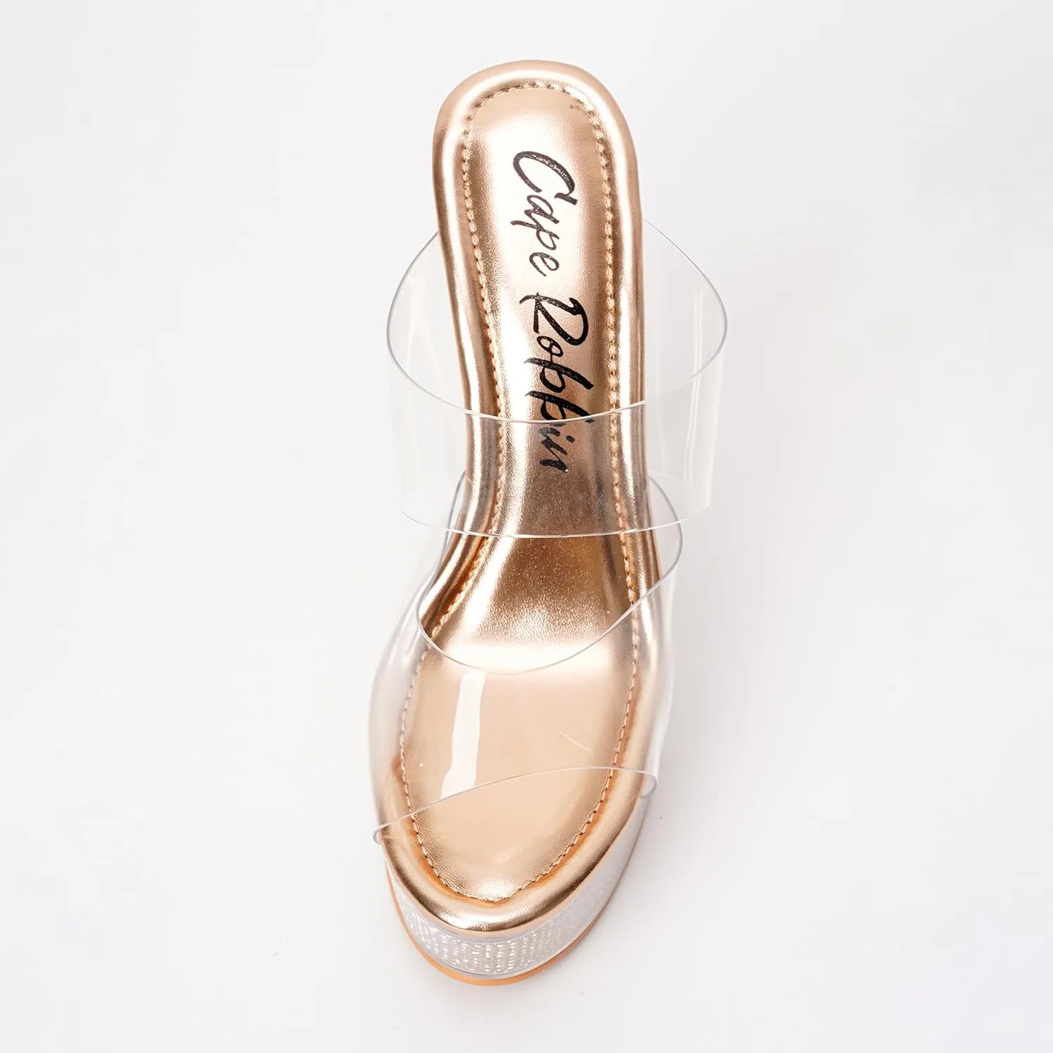 Cape Robbin Women's Clear Platform Stiletto Heels - Round Toe Slip-On Transparent Straps with Faux Rhinestone Design (Ferrara)
