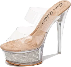 Cape Robbin Women's Clear Platform Stiletto Heels - Round Toe Slip-On Transparent Straps with Faux Rhinestone Design (Ferrara)