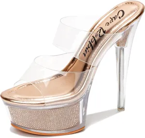 Cape Robbin Women's Clear Platform Stiletto Heels - Round Toe Slip-On Transparent Straps with Faux Rhinestone Design (Ferrara)
