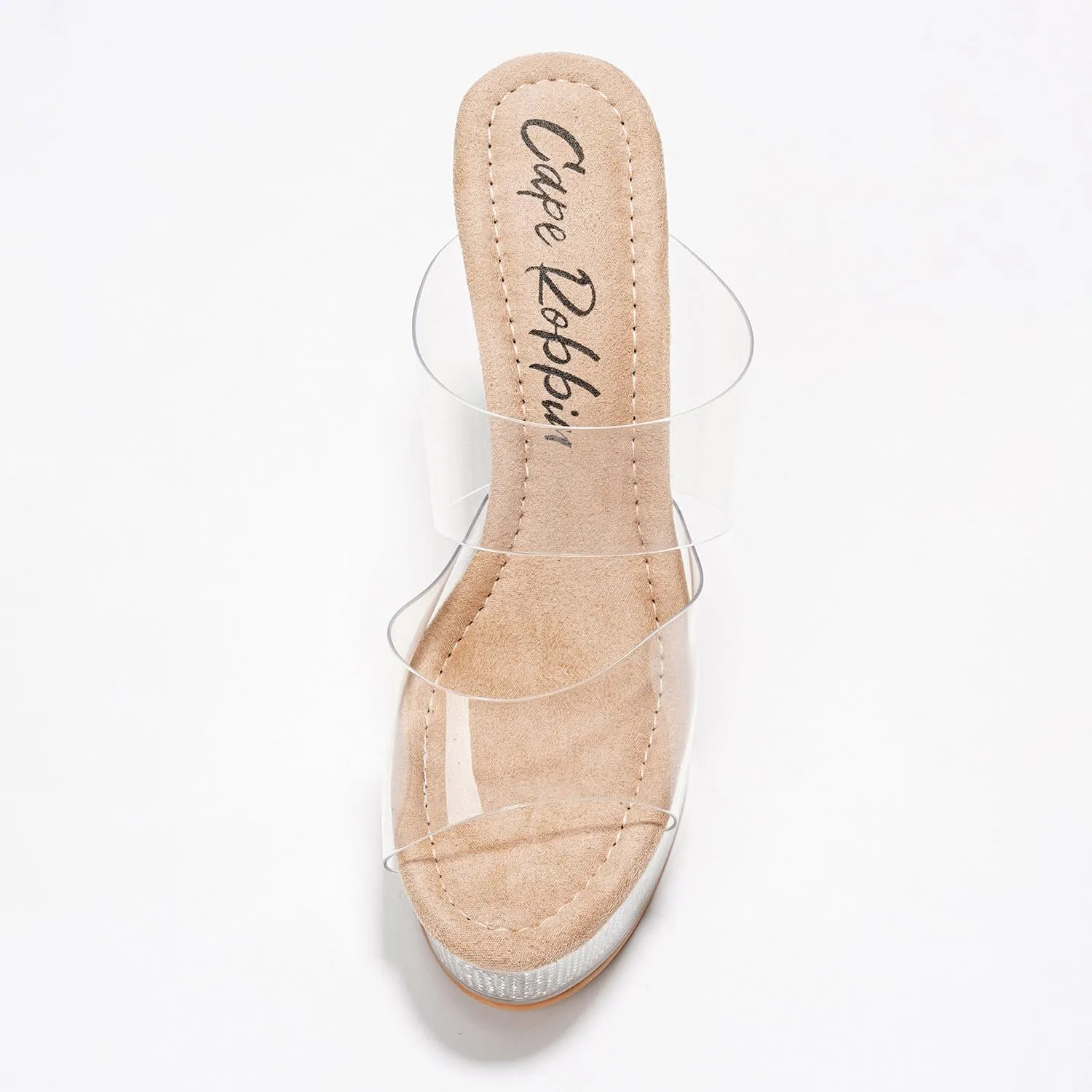 Cape Robbin Women's Clear Platform Stiletto Heels - Round Toe Slip-On Transparent Straps with Faux Rhinestone Design (Ferrara)