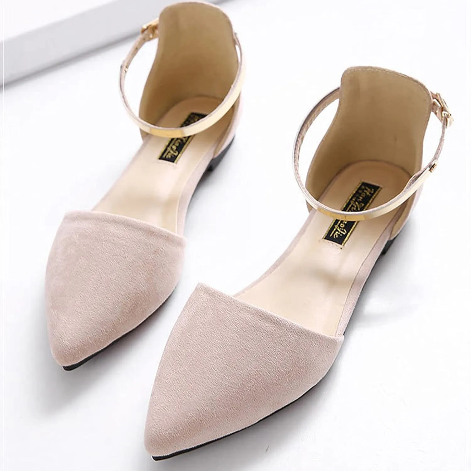 ChaiRong Zhou Women's Elegant Ankle Buckle Flat Shoes Classic Comfortable Pointed Toe Ballerina Ballets