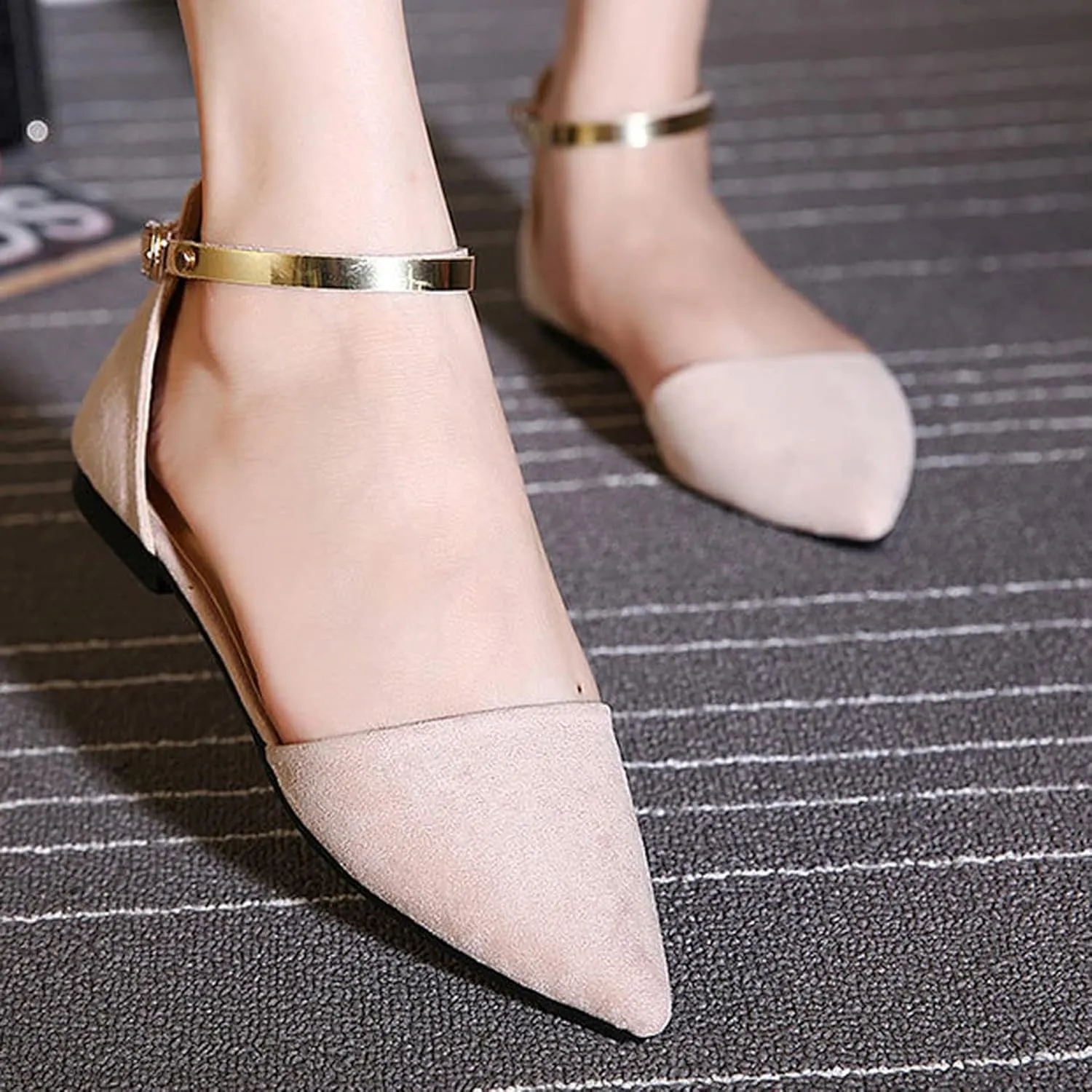 ChaiRong Zhou Women's Elegant Ankle Buckle Flat Shoes Classic Comfortable Pointed Toe Ballerina Ballets