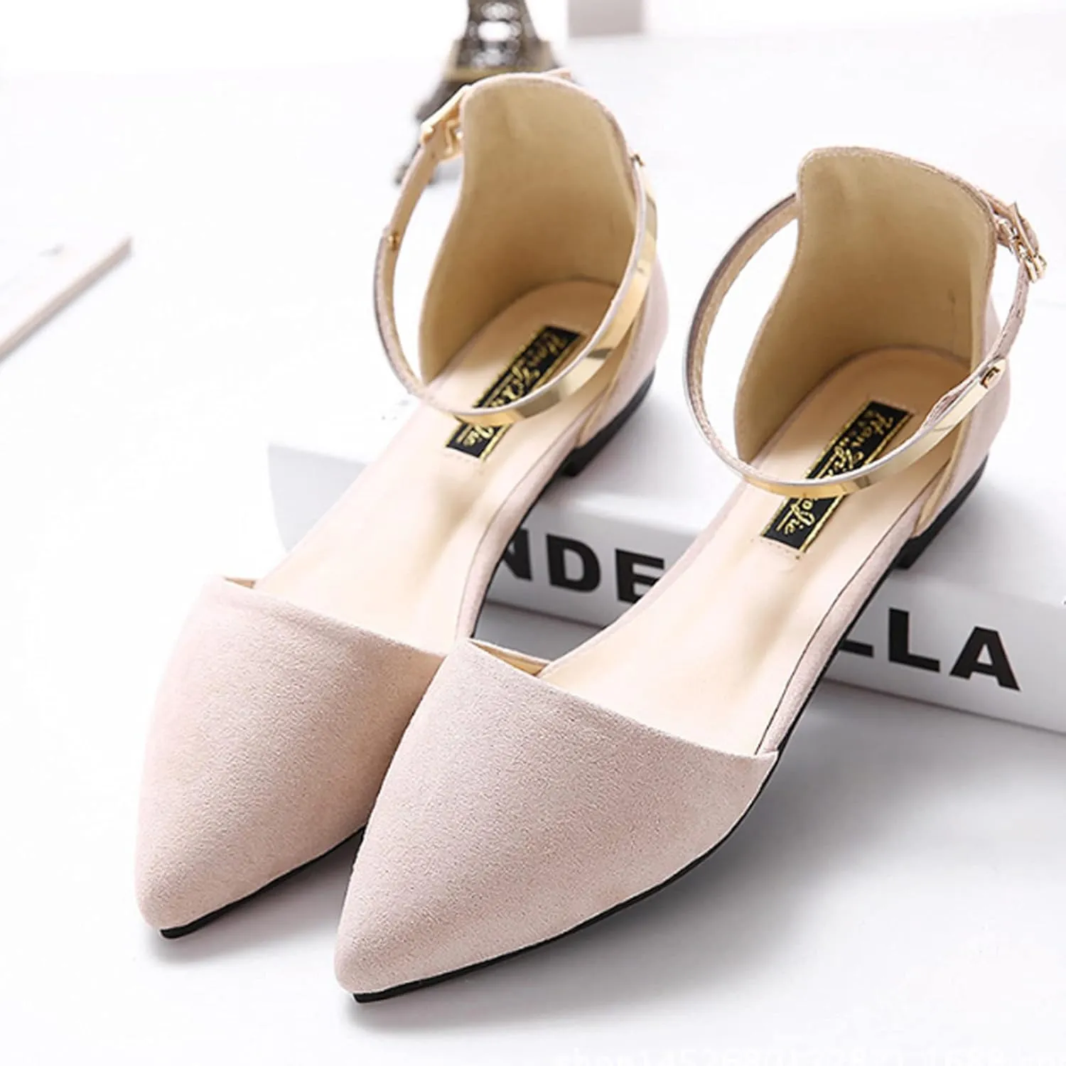 ChaiRong Zhou Women's Elegant Ankle Buckle Flat Shoes Classic Comfortable Pointed Toe Ballerina Ballets
