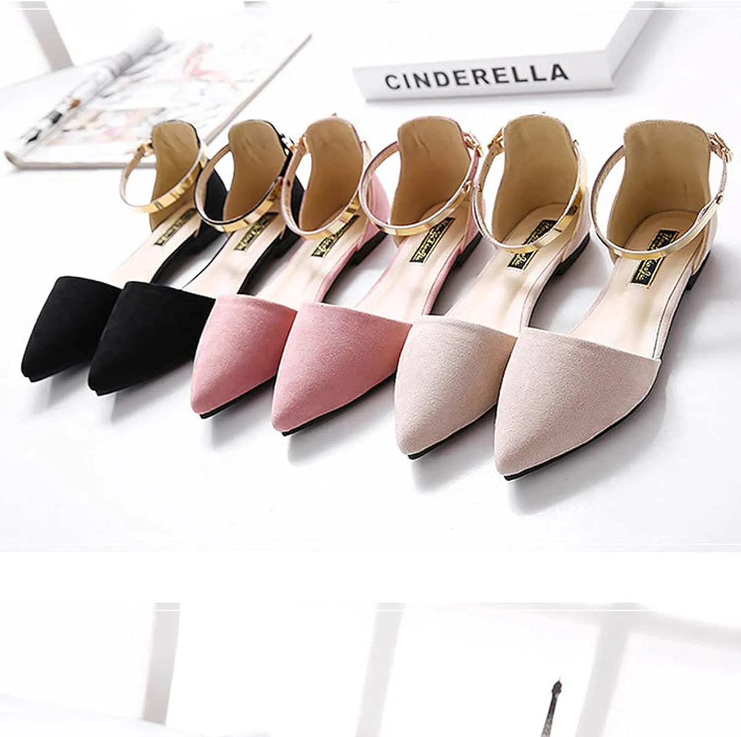 ChaiRong Zhou Women's Elegant Ankle Buckle Flat Shoes Classic Comfortable Pointed Toe Ballerina Ballets