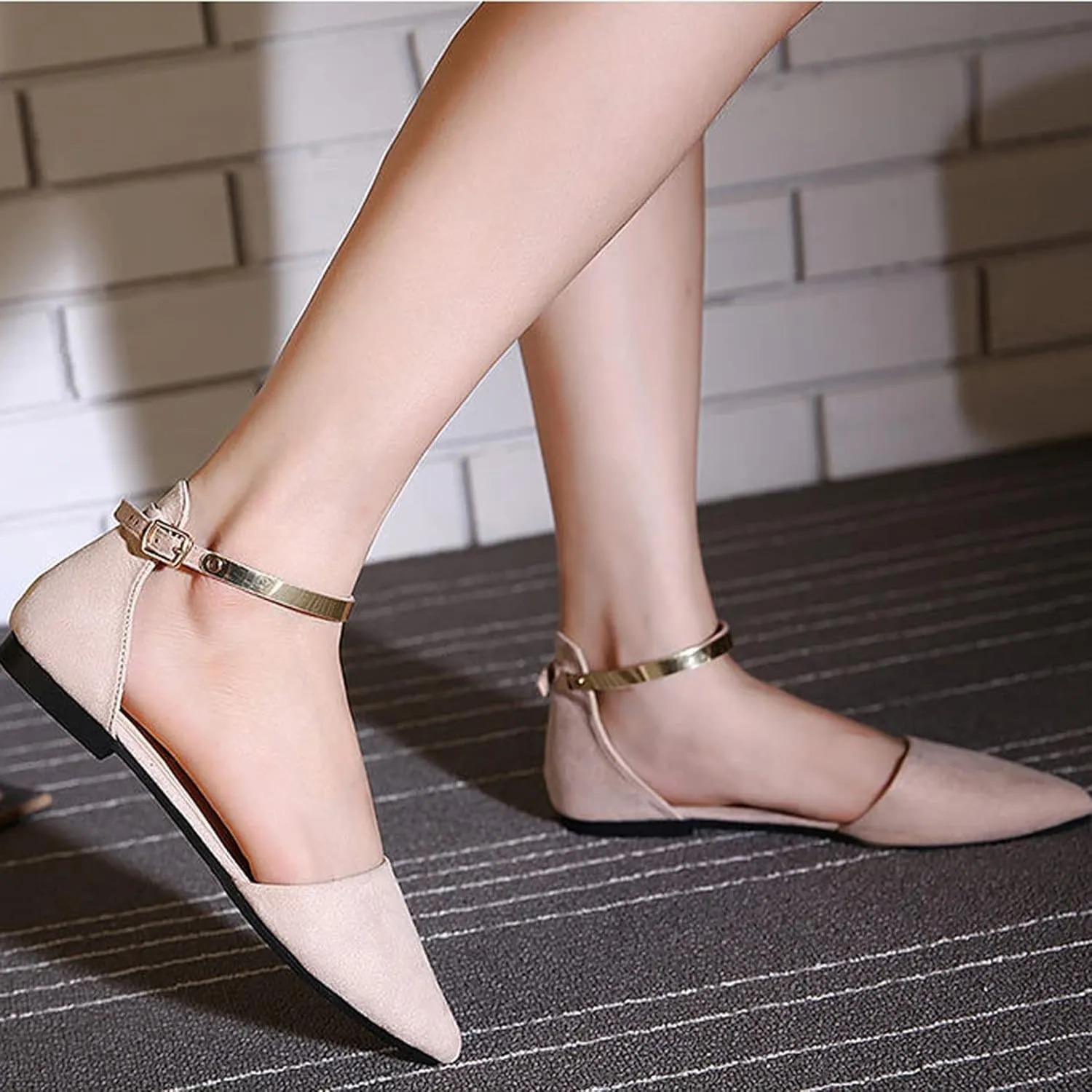 ChaiRong Zhou Women's Elegant Ankle Buckle Flat Shoes Classic Comfortable Pointed Toe Ballerina Ballets