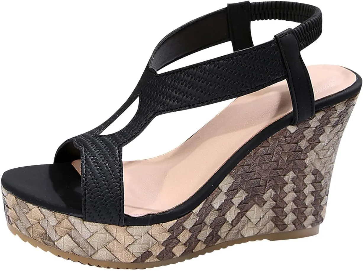 Chunky Wedge Sandals for Women Summer Comfortable Ankle Stretch Elastic Strap Platform Sandals Fashion Beach Cute Ladies Slides Fish Mouth Walking Shoes