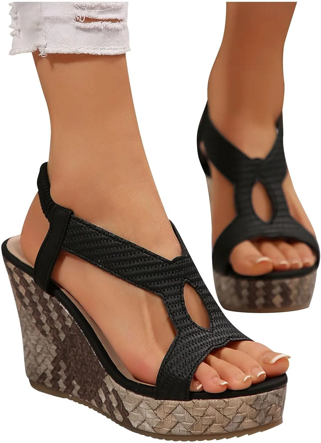 Chunky Wedge Sandals for Women Summer Comfortable Ankle Stretch Elastic Strap Platform Sandals Fashion Beach Cute Ladies Slides Fish Mouth Walking Shoes