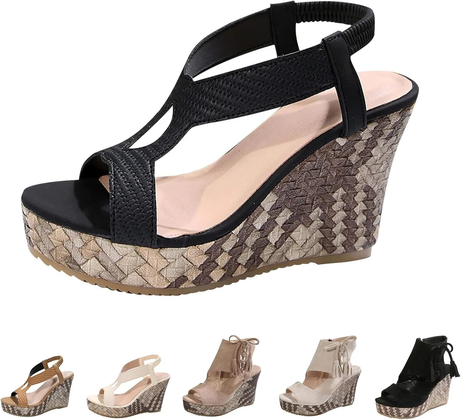 Chunky Wedge Sandals for Women Summer Comfortable Ankle Stretch Elastic Strap Platform Sandals Fashion Beach Cute Ladies Slides Fish Mouth Walking Shoes