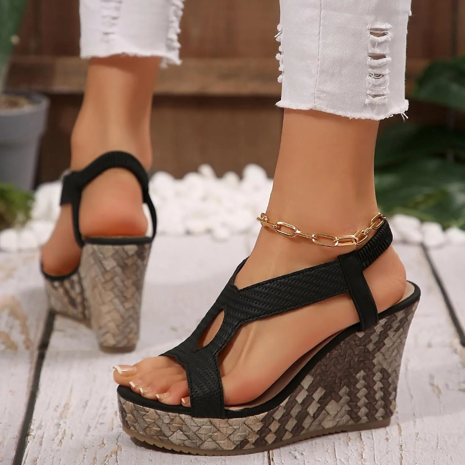 Chunky Wedge Sandals for Women Summer Comfortable Ankle Stretch Elastic Strap Platform Sandals Fashion Beach Cute Ladies Slides Fish Mouth Walking Shoes