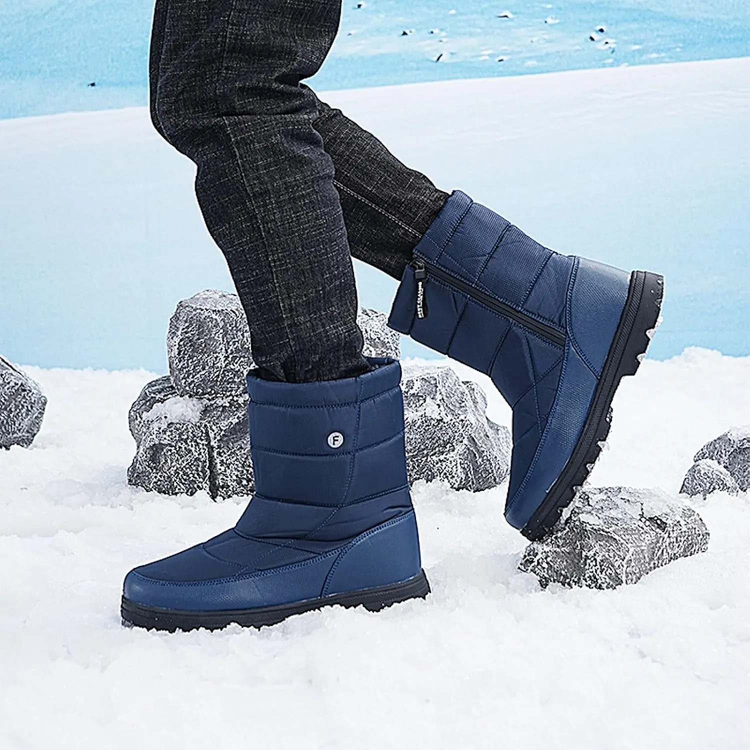 Couples Water Proof Insulated Snow Boots Casual Mid Calf Boots Fleece Lined Warm Winter Boots Fuzzy Snow Boot