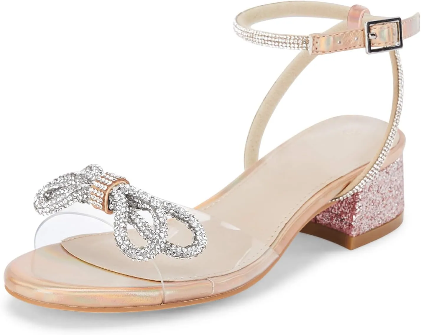 Coutgo Girls Rhinestone Sandals Low Chunky Heels Bow Open Toe Glitter Dress Shoes for Toddler Little Big Kid