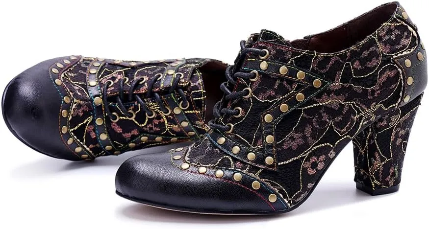CrazycatZ Women's Leather Dressing Shoes Pumps,Colorful Block Heel Leather Dress Pumps