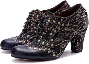 CrazycatZ Women's Leather Dressing Shoes Pumps,Colorful Block Heel Leather Dress Pumps