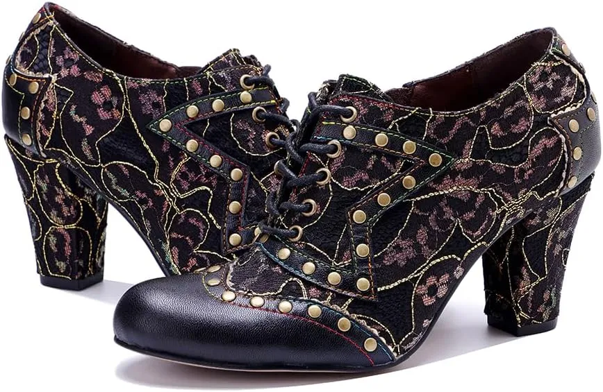 CrazycatZ Women's Leather Dressing Shoes Pumps,Colorful Block Heel Leather Dress Pumps
