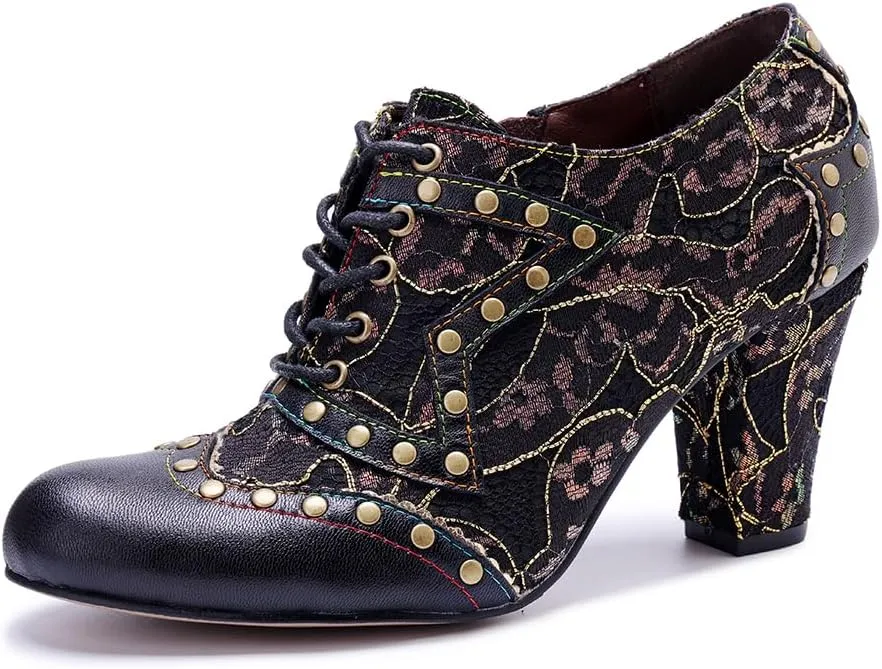 CrazycatZ Women's Leather Dressing Shoes Pumps,Colorful Block Heel Leather Dress Pumps